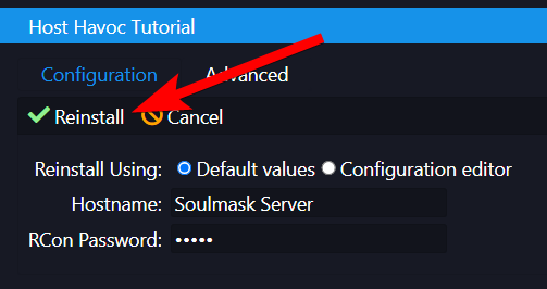 Reinstall confirmation dialog with Default values option selected