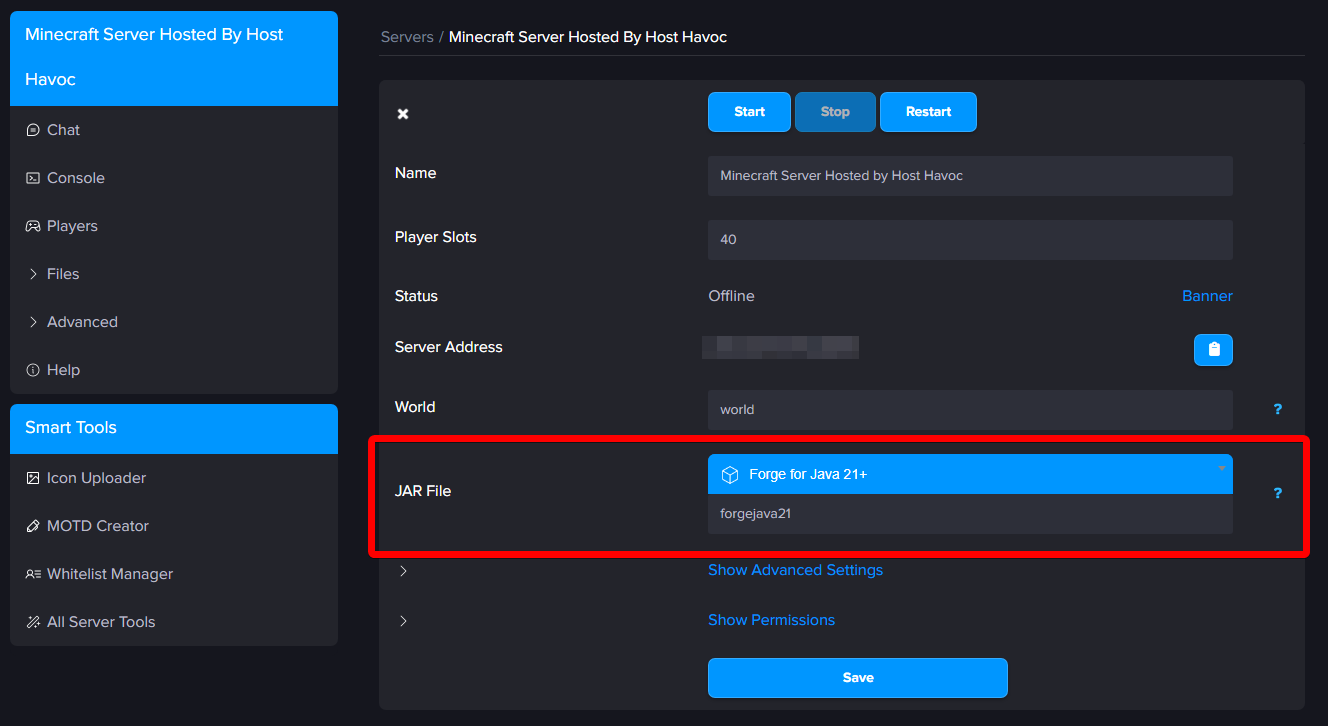 Multicraft JAR File dropdown with Forge for Java 21+ selected