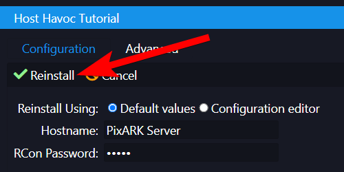 Reinstall confirmation screen with Default values selected and the Reinstall button highlighted