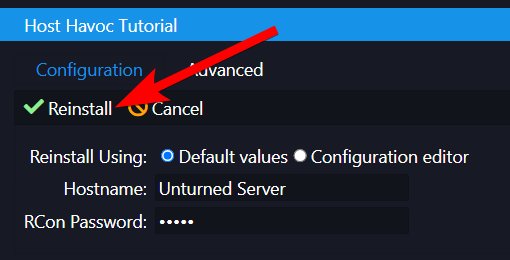 Reinstall confirmation dialog with Default values option selected