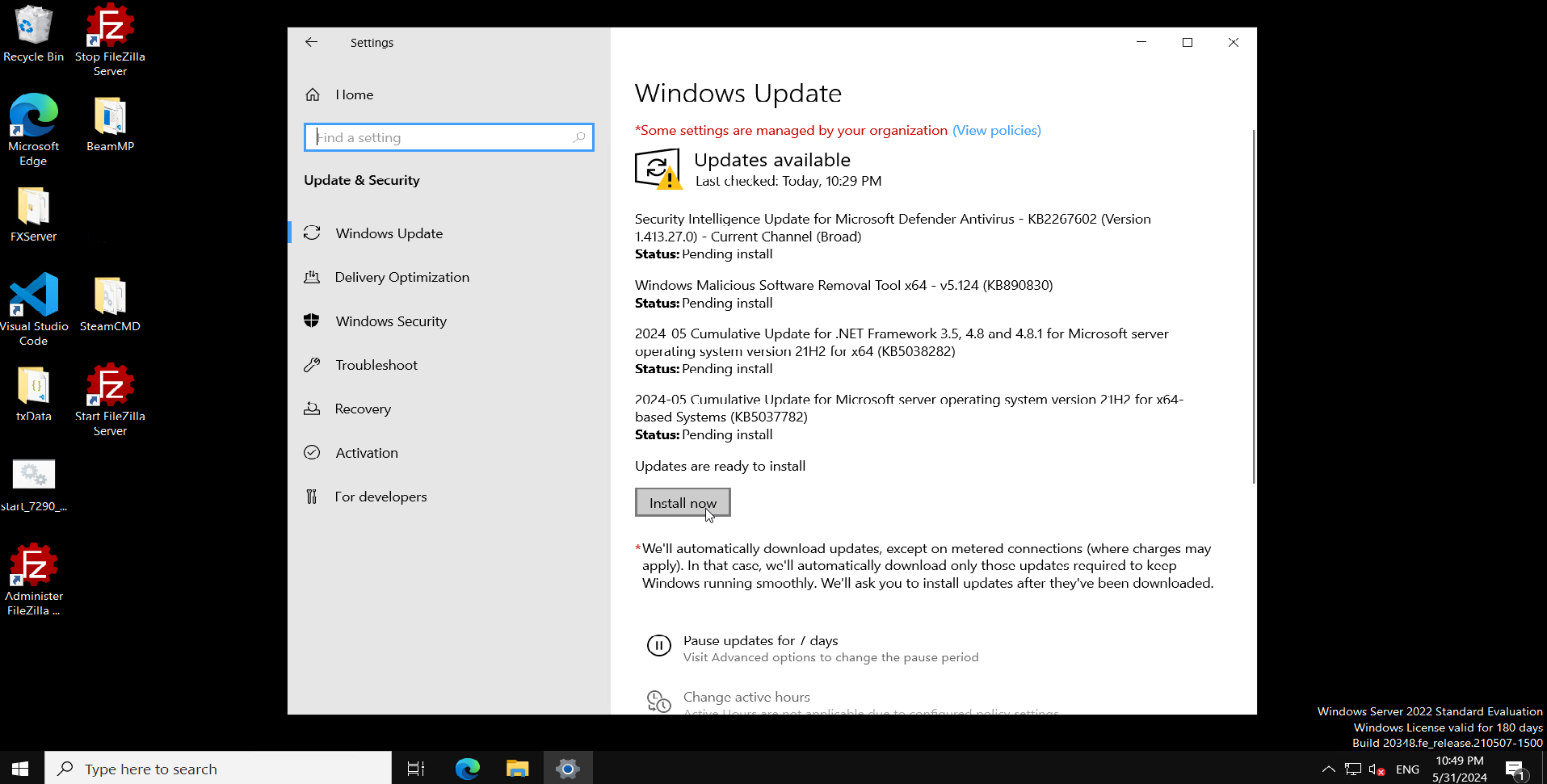 Windows Update Install Now screen