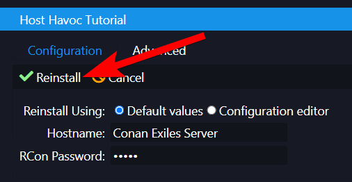 Reinstall confirmation dialog with default values selected
