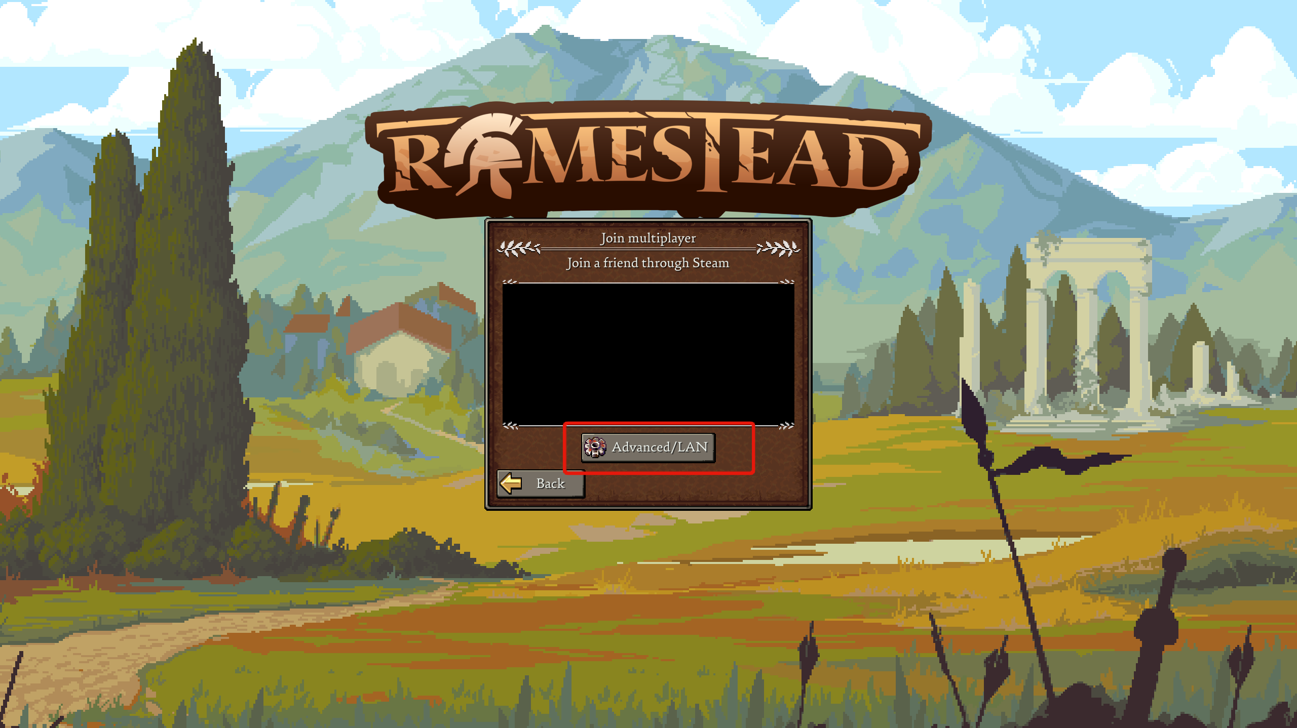 Romestead server browser with Advance/LAN section selected