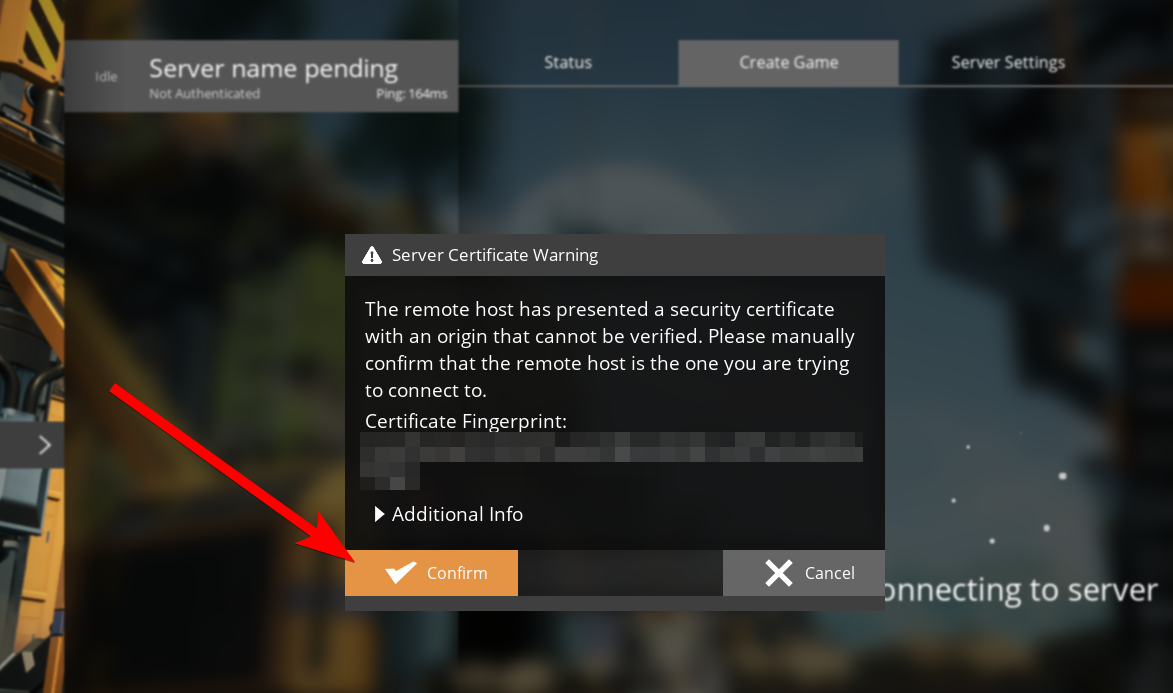 Server Certificate Warning popup with Confirm button