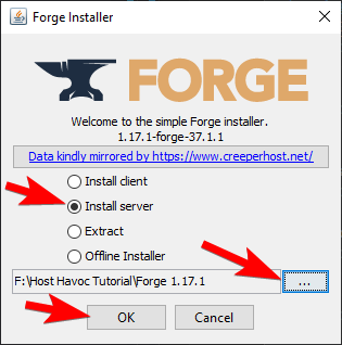 Forge 1.17 installer showing Install server option with folder selection and OK button