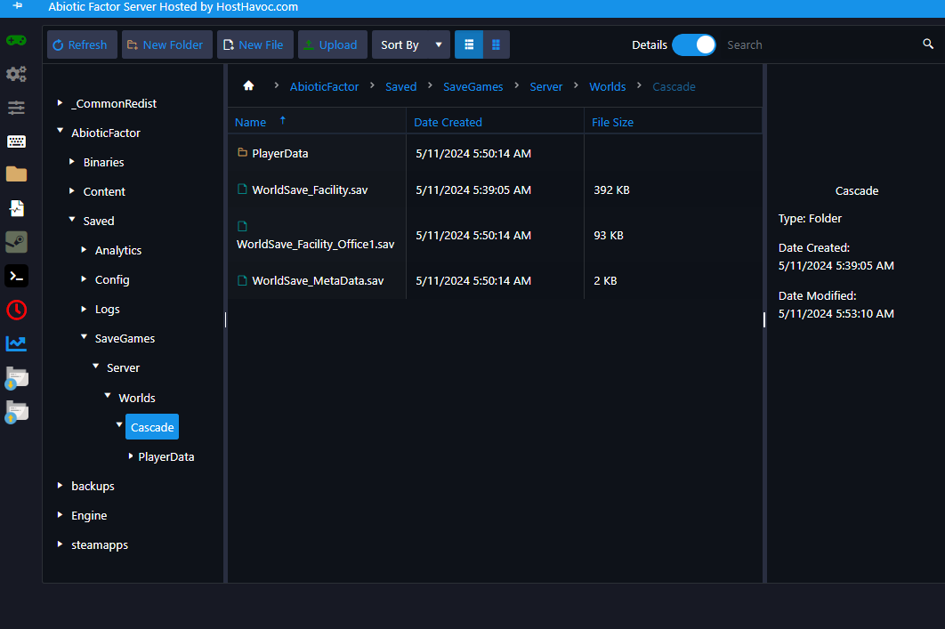 File manager view showing the Abiotic Factor save data folder structure inside the Worlds directory
