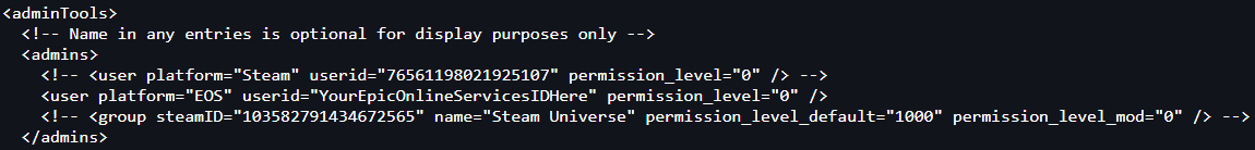 7 Days to Die admin config XML with EOS user entry