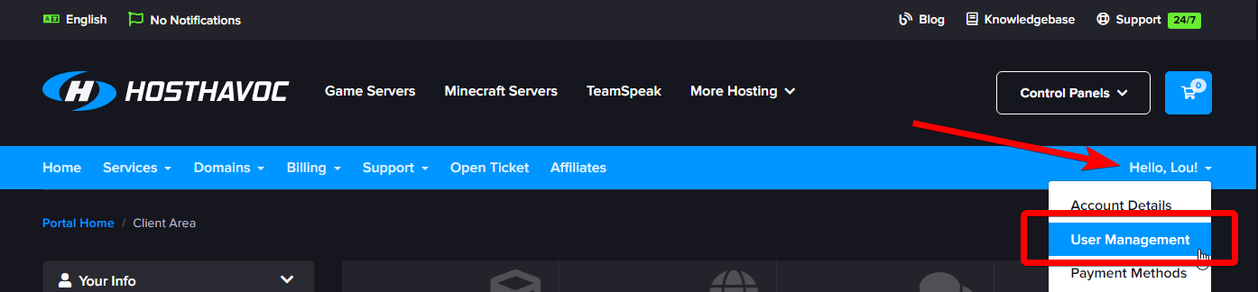 Billing User Management menu