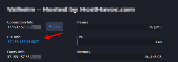 FTP Info panel showing the host IP and port