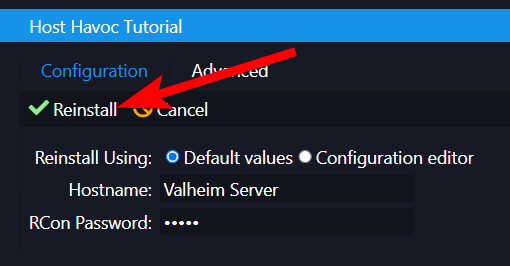 Reinstall confirmation dialog with Default values option selected