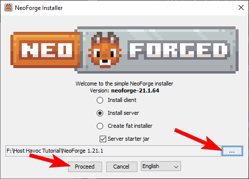 NeoForge installer folder selection screen with Proceed button