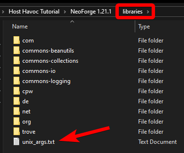 File Explorer showing unix_args.txt being copied into the libraries folder for NeoForge