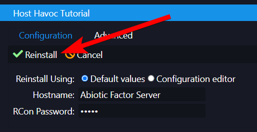 Reinstall confirmation dialog with Default values option selected