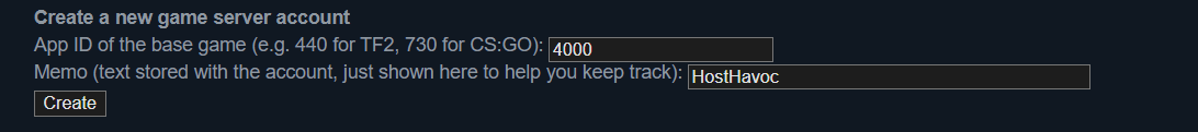 Steam GSLT creation page with App ID 4000 entered and Create button