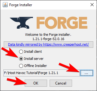 Forge 1.20.6+ installer showing Install server option with folder selection and OK button