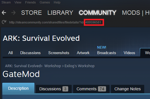 Finding the ARK mod ID on the Steam Workshop page