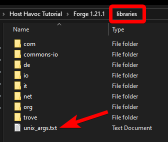File Explorer showing unix_args.txt being copied into the libraries folder for Forge 1.20.6
