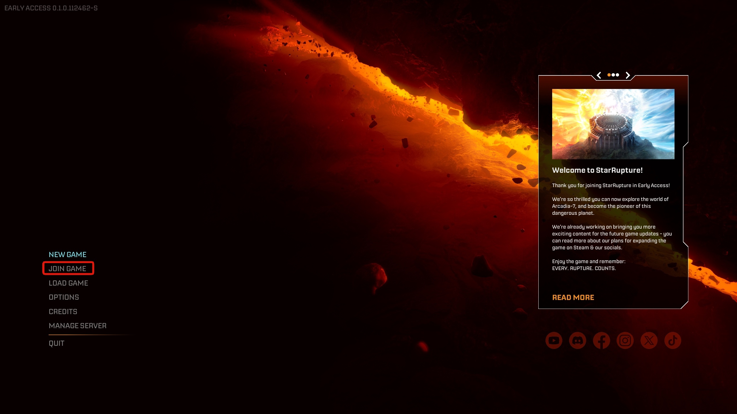 StarRupture main menu with JOIN GAME button highlighted