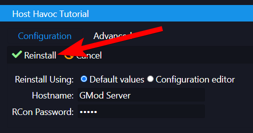 Bestätigungsbildschirm der Neuinstallation mit ausgewählter Option für Standardwerte