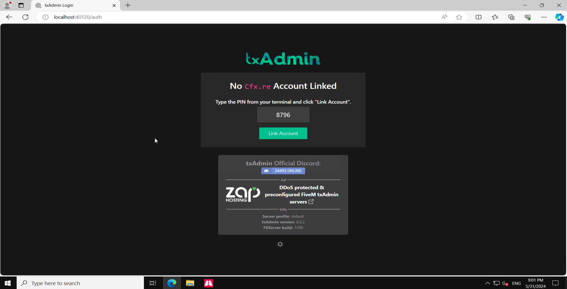 Browser window linking your Cfx.re Forum account to txAdmin