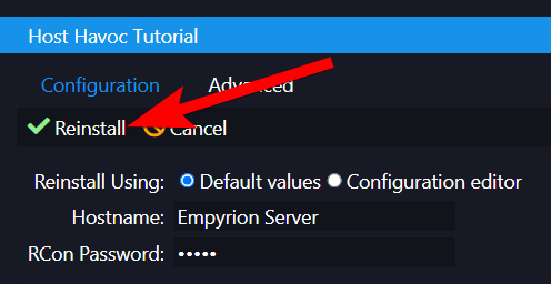 Bevestigingsdialoogvenster voor opnieuw installeren met de knop Reinstall en de optie Default values