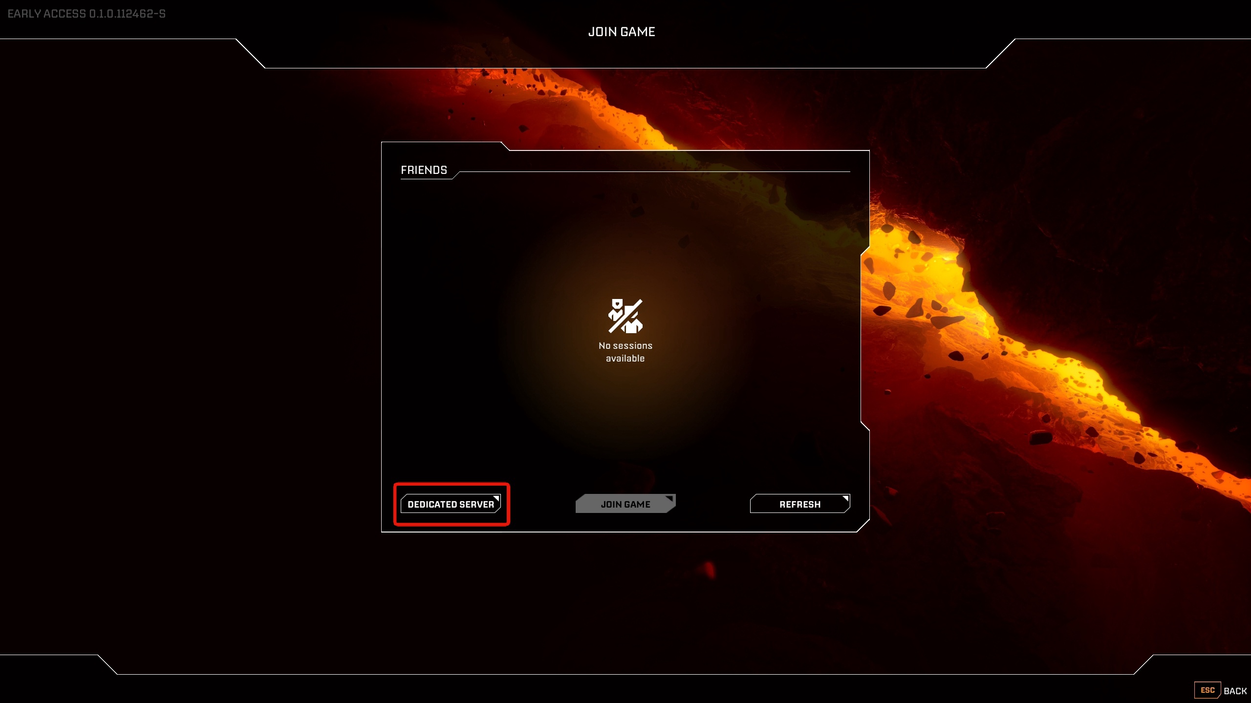 StarRupture JOIN GAME screen showing the DEDICATED SERVER option